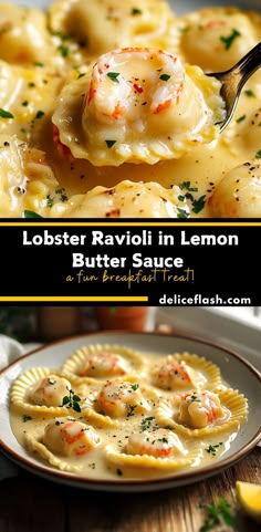 lobster ravioli in lemon butter sauce on a plate