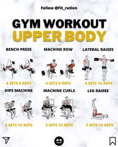 the gym workout upper body chart shows how to do squats and bench presss