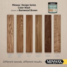 the different colors of wood are shown in this ad for minwax design series