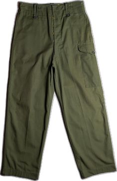 Vintage Cargo Pants With Side Pockets, Vintage Full-length Cargo Pants With Side Pockets, Vintage Straight Pants With Pockets, Vintage Green Work Pants With Pockets, Vintage Trousers With Side Pockets, 1970s Wide Leg Pants With Pockets, Vintage Straight Work Pants With Pockets, Vintage Green Cargo Pants, Vintage Full Length Cargo Pants With Belt Loops