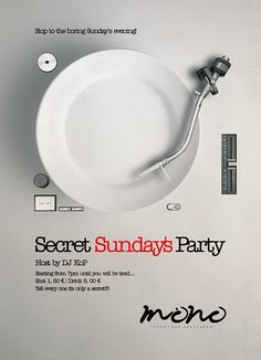 an advertisement for a secret sunday's party featuring a white plate with a spigot on it