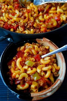 two pans filled with chili macaroni and cheese