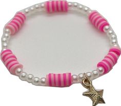 Pink Star-shaped Friendship Bracelets, Cute Pink Star-shaped Bracelets, Pink Star-shaped Friendship Jewelry, Adjustable Pink Pearl Bracelet With Spacer Beads, Pink Star-shaped Jewelry For Friendship, Pink Star-shaped Beaded Bracelets, Playful Pink Jewelry With Star Charm, Pink Pearl Bracelet With Letter Beads, Pink Pearl Bracelet With Colorful Beads