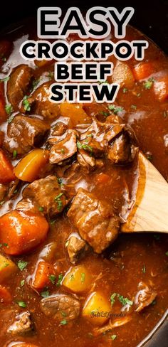 an easy crockpot beef stew in a slow cooker with a wooden spoon