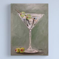 an acrylic painting of a martini glass with olives