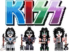 the logo for kiss's album, featuring four different characters in pixel art style