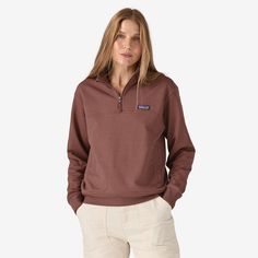 Quarter-zip pullover sweatshirt built from soft organic cotton/recycled polyester with a touch of spandex that stretches and recovers for a comfortable fit. Made in a Fair Trade Certified™ factory. | Patagonia Women's Ahnya Quarter-Zip Pullover in Dulse Mauve, Large - Fleece Pullovers - Organic Cotton/Recycled Polyester/Spandex Functional Loungewear Sweatshirt, Half Zip Pullover Patagonia, Casual Patagonia Fleece Top, Patagonia Casual Fleece Tops, Patagonia Womens Half Zip, Patagonia Womens Fleece Pullover, Patagonia Long Sleeve Cotton Tops, Patagonia Womens Fleece, Patagonia Womens Sweatshirt