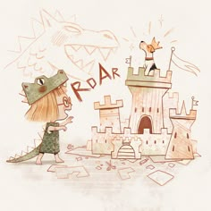 a drawing of a girl and a dragon in front of a castle with the word roar written on it