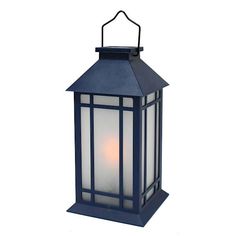 a large blue lantern with a white light on the top and bottom half of it