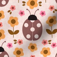 a ladybug and flower pattern on a pink background with brown, white, and yellow flowers