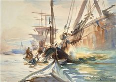 watercolor painting of sailboats in the ocean with people on board and one man sitting at the front