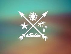 the sun, palm trees and arrows are drawn in white on a blurry background