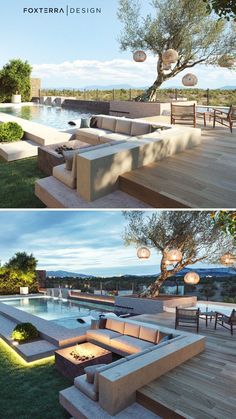 two pictures of an outdoor living area with couches and tables next to the pool