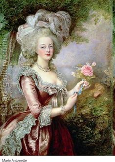 a painting of a woman in a red dress holding a pink rose and looking at the viewer