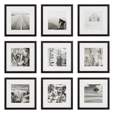 six black and white photographs hanging on the wall in front of each other's frames