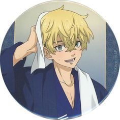 an anime character with blonde hair and blue eyes holding his hand up to his head