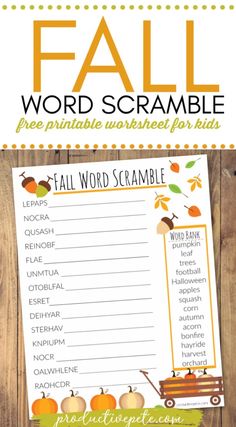 a fall word scramble with pumpkins and leaves