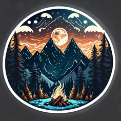 a sticker with a campfire and mountains in the background