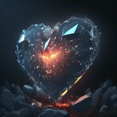 a heart - shaped diamond surrounded by many smaller diamonds in the dark, with light shining through it