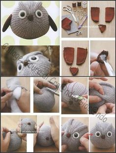 the instructions for making an adorable stuffed animal with yarn and leathers are shown in several different ways