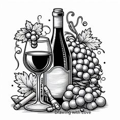 a wine bottle and glass with grapes on the table next to it is an illustration in black and white