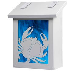 a blue and white box with a crab on it