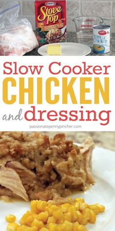 slow cooker chicken and dressing on a white plate