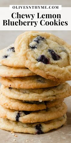 chewy lemon blueberry cookies stacked on top of each other with text overlay