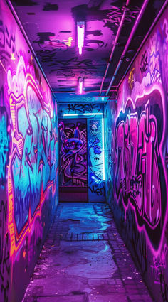 an empty room with graffiti all over the walls and floor, in front of a purple light