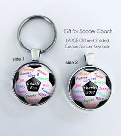 two personalized key chains with the names of soccer teams on them, one for each team