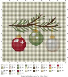 a cross stitch christmas ornament with ornaments hanging from it's tree branch