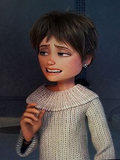 an animated woman with short hair and piercings on her nose, wearing a white sweater