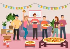 a group of people standing around a living room holding pizzas