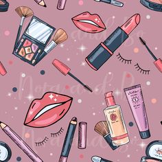 various cosmetics and makeup items on a pink background