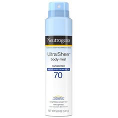 Neutrogena Ultra Sheer Body Mist Sunscreen Spray with Broad Spectrum SPF 70 provides powerful sun protection that you will love to wear to help prevent sunburn. Made with Helioplex technology, this non-greasy sunscreen spray for body provides superior UVA/UVB protection in an easy-to-use spray format. The sunscreen spray formula also absorbs quickly with a sheer, lightweight finish and a weightless, clean feel. This SPF 70 sunscreen mist is non-comedogenic and oil-free, so it won't leave a heavy Sunscreen For Sensitive Skin, Spray Sunscreen, Summer Products, Sunscreen Spray, Sunscreen Stick, Suntan Lotion, Body Sunscreen, Sunscreen Lotion, Mineral Sunscreen