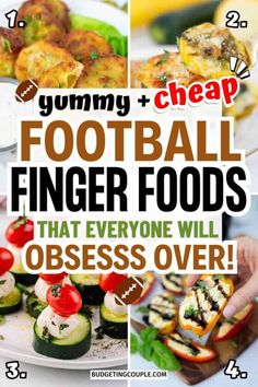 some food that is on top of a plate with the words gummy and cheap football finger foods that everyone will obses over