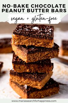 no - bake chocolate peanut butter bars stacked on top of each other with text overlay