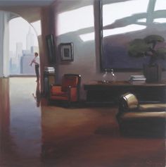 a painting of a living room with chairs and a table