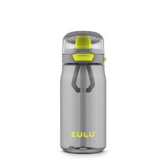 a gray and yellow water bottle with the word zulu on it's side