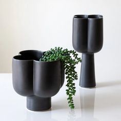 two black vases sitting next to each other on a white table with a plant in it