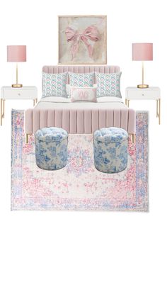 a bedroom with pink and blue decor on the bed, two nightstands and lamps