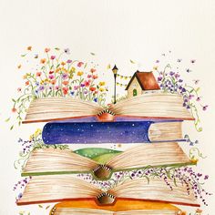 watercolor painting of books stacked on top of each other with a house in the middle