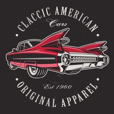 an old classic american car emblem on a black background with red and white lettering,