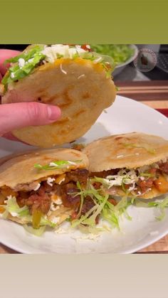 a person is holding up a burrito on a plate