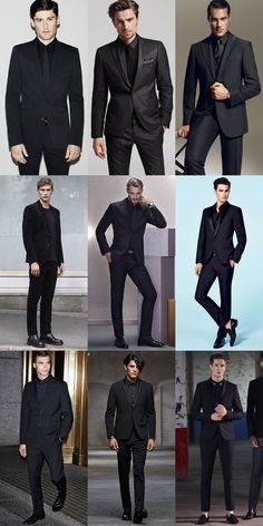 The Black Suit : All-Black Lookbook Inspiration Black Suit And Shirt Men, All Black Mens Wedding Attire Guest, Black Shirt And Tie Outfit Men, Pant Suits For Men, Black Dress Suit For Men, Black Wedding Outfit Guest Men, Black Suit With Waist Coat Men, Mens All Black Wedding Suit, Mens Suits Black Classy