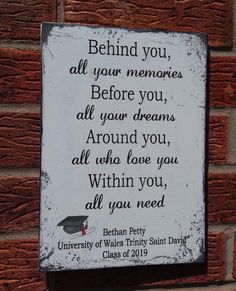 a sign on the side of a brick wall that says behind you, all your memories before you, all your dreams around you, all who love you, within you, all you, all you, all you need