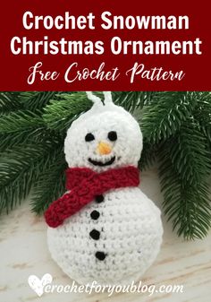 a crochet snowman ornament is shown with the text, free croche