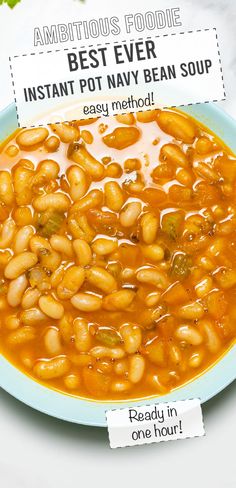 a bowl of beans and broccoli soup on a plate with the caption best ever instant pot navy bean soup