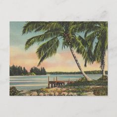 an old postcard with palm trees and a pier on the water in front of it