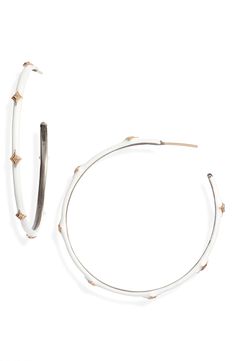 A modern take on old-world design, these hoops coated in white enamel are enriched with signature crivelli accents twinkling with tiny champagne diamonds. Style Name:Armenta New World 14K Gold & Enamel Hoop Earrings. Style Number: 5945781. Available in stores. White Hoop Jewelry With Diamond Accents, Fine Jewelry White Small Hoop Earrings, White Small Hoop Fine Jewelry, Luxury White Round Hoop Earrings, White Luxury Hoop Earrings, Designer Hoop Jewelry For Anniversary, Elegant Enamel Hoop Jewelry, Luxury White Hoop Earrings For Formal Occasions, Small Elegant Enamel Hoop Earrings